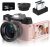 VETEK Digital Cameras for Photography, 4K 48MP Vlogging Camera 16X Digital Zoom Manual Focus Students Compact Camera with 52mm Wide-Angle Lens & Macro Lens, 32G Micro Card and 2 Batteries (Pink)